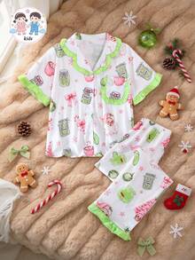 2pcs/Set Christmas Children's Short Sleeve Pajama Set, Flame Retardant Fabric, Cartoon Santa Claus Print Pattern, Green Ruffle Trim Design On Cuffs, Hem And Pockets, Lapel Short Sleeve Cardigan And Long Pants Set, Suitable For All Seasons, Home Wear, Comfortable And Loose, Girls Middle And Big Tween Girl - White - View 1