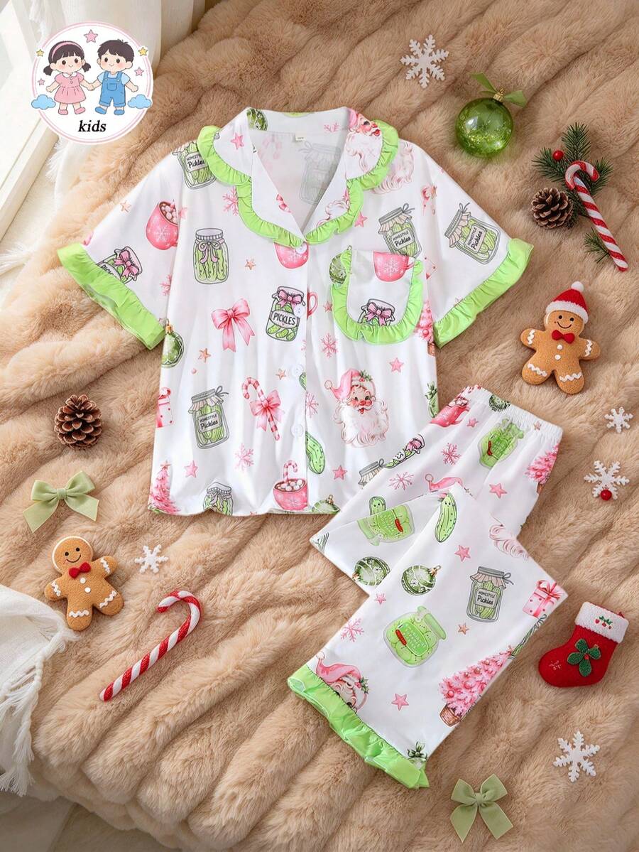 2pcs/Set Christmas Children's Short Sleeve Pajama Set, Flame Retardant Fabric, Cartoon Santa Claus Print Pattern, Green Ruffle Trim Design On Cuffs, Hem And Pockets, Lapel Short Sleeve Cardigan And Long Pants Set, Suitable For All Seasons, Home Wear, Comfortable And Loose, Girls Middle And Big Tween Girl - White - View 1
