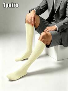 1 Pair Men's Business Vertical Striped Calf Socks, Solid Color Vertical Striped Men's Socks, High Elasticity Breathable Over-The-Knee Socks - Multicolor - View 13