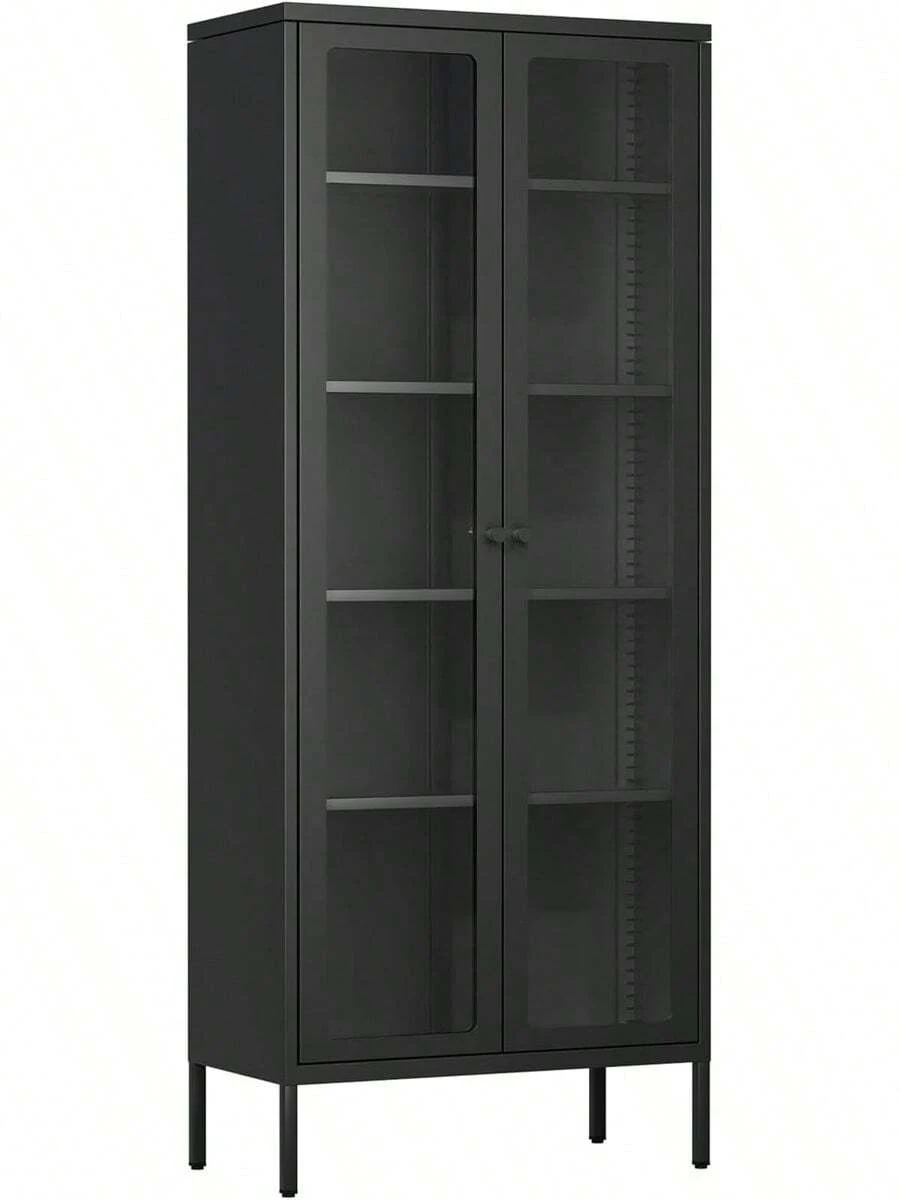 Gabinete de Almacenamiento de Metal con Puertas de Vidrio, Vitrina de Vidrio con 4 Estantes Ajustables, Gabinete Alto Moderno para Oficina en Casa - Negro - Ver 1