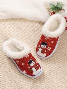 1 Pair Children's Cute Red Snowman Print Thermal Lined Slippers, Suitable For Winter Home Wear - Red - View 2