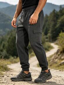1pc Men's Grey Cargo Joggers, Multi-Flap Pocket Design, Soft Drawstring Hem Sports Pants, Casual Outdoor Daily Long Pants - Grey - View 2