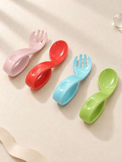 1 Set Baby Learning To Eat Training Spoon, Infant Tableware Complementary Food Spoon, Self-Feeding, Baby Practice Anti-Drop Spoon, Spoon And Fork Set
