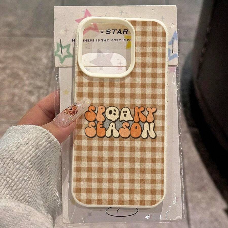 1 pièce Coque de téléphone en matériau TPU avec slogan Halloween et motif à carreaux, compatible avec Apple 17promax/17/18promax/15/13/12/11/ S20fe/A15/S24/A55/ Note11/Note12/Note13pro, couverture complète, antichoc, coque souple, protection de téléphone - Blanc - Voir 1