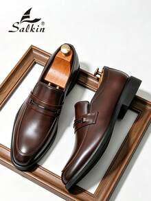 Salkin 奢华复古男士乐福鞋，尖头软皮透气正装鞋，绅士商务社交鞋，适合日常办公、婚礼、约会、浪漫晚餐、节日礼物、学生等各种场合，四季皆宜。建议选购大一码。 - 棕色 - 查看 7