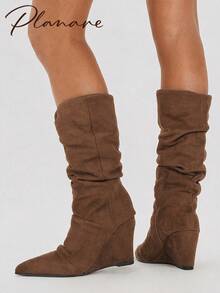planare New Women's Fashion Minimalist Pointed Toe Loose Wedge Mid-Calf Boots, Brown And Black Faux Suede Slip-On Western Style Boots, Suitable For Autumn/Winter - Brown - View 6