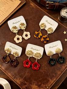 2pcs European & American Old Money Style Resin Flower Gold Pendant Earrings For Women & Girls, Daily Casual Party Jewelry Gift - Autumn/Winter - View 5