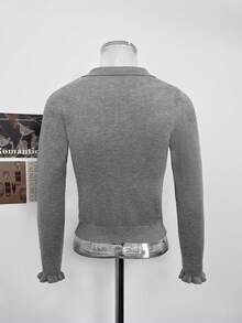 Slouchy Polo Collar Knit Long Sleeve Women's Inner Layer Top, Elegant Commuter Knit Sweater For Autumn/Winter - Grey - View 7