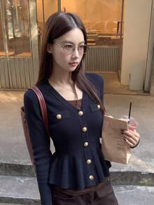 Women's Autumn/Winter Korean Style Slimming Waist Ruffle V-Neck Metal Button Knit Cardigan, Navy Blue Top, Suitable For Casual Outings, Halloween Events, Shopping - Navy - View 5