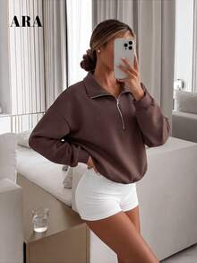 ARA CHIC Brown Short Half-Zip Women's Sweatshirt, Adjustable Drawstring Hem Ribbed Cuffs Loose Drop Shoulder Pullover, Y2K Casual Long Sleeve Top, Suitable For Sports, Daily Wear - Brown - View 9