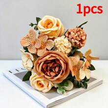 34pcs Artificial Autumn Warm Orange Flower Bouquet | Rose + Daisy + Apple Leaf Mixed Arrangement-No Maintenance, Indoor/Outdoor Shrub Decoration, Wedding, Thanksgiving, Harvest Festival, Housewarming Party, Anniversary And Other Autumn/Winter Holiday Centerpiece - Multicolor - View 18