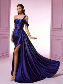 VIPGIRL Halloween Party Dress One-Shoulder Satin Royal Blue Fitted Mermaid Slit Long Gown Perfect Formal Ball Gown - Royal Blue - View 4