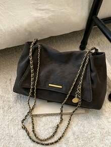 Solid Color Flap Chain Shoulder Bag, Fashionable Soft Crossbody Bag, Suitable For Girls, Women, - Coffee - View 6