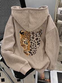 Sweatshirt Wanita Motif Vintage Washed, Sweatshirt Pullover Longgar Berlapisan Fleece Tebal, Motif Leopard Gaya Streetwear Musim Gugur/Dingin - Khaki - View 4