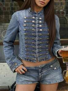 Women's Vintage Stand Collar Long Sleeve Denim Jacket, Fashionable Button Detail Regular Fit Denim Jacket - Medium Wash - View 5