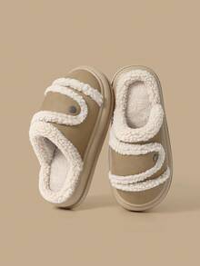 Women's Minimalist Home Slippers, Autumn/Winter Warm Bedroom Slip-On Thick Sole Plush Slippers - Light Brown - View 7
