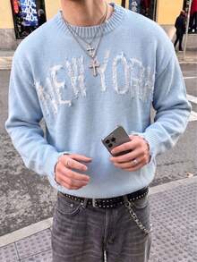 1pc Boys' Korean Style Distressed Tassel Letter Crew Neck Sweater, Spring/Autumn/Winter - Baby Blue - View 1