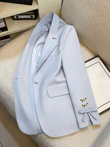 Fashion Plus Size Jacket With Bow Detail And Pointed Collar, Long Regular Sleeve, Creating A Stylish Look - Baby Blue - View 3