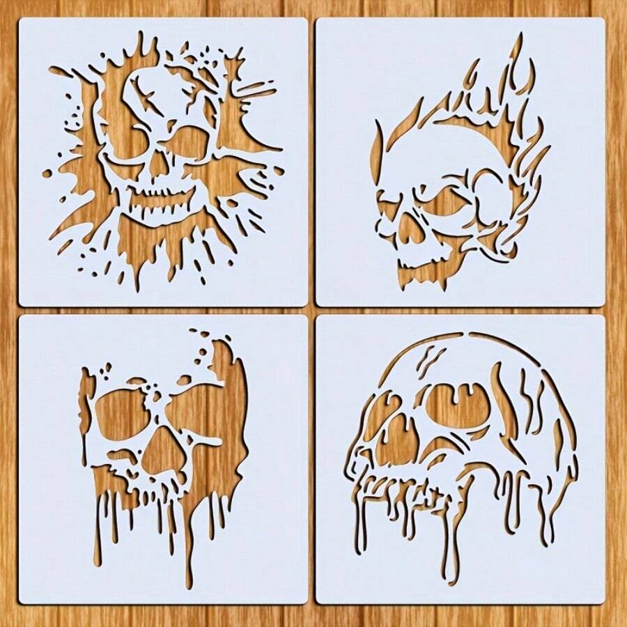 4 Skull Stencils, 7.87 Inch Reusable Painting Templates, Suitable For Spray Paint, Paper Cutting And Graffiti, Ideal For Wood, Fabric, Wall Art, Motorcycle And Home Crafts - White - View 1