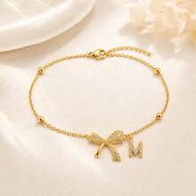 1pc Classic Simple Bow-Knot Initial Pendant Golden Stainless Steel Bead Chain Bracelet For Women - Bracelet - View 3