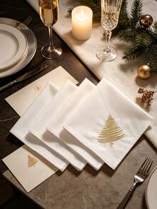 1pc/2pcs/4pcs 100% Polyester Golden Christmas Tree Embroidered Cloth Napkin, White Square Table Napkin For Christmas Dinner Party Home Table Decor - Multicolor - View 6