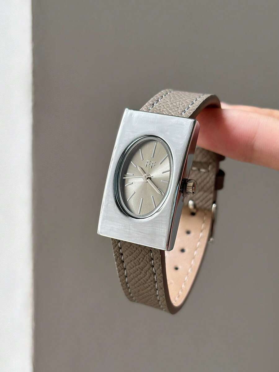 1pc Fashion Gray PU Strap Oval Dial Rectangular Case Scale Bar Wristwatch, Suitable For Daily Wear And Office Occasions - Grey - View 1