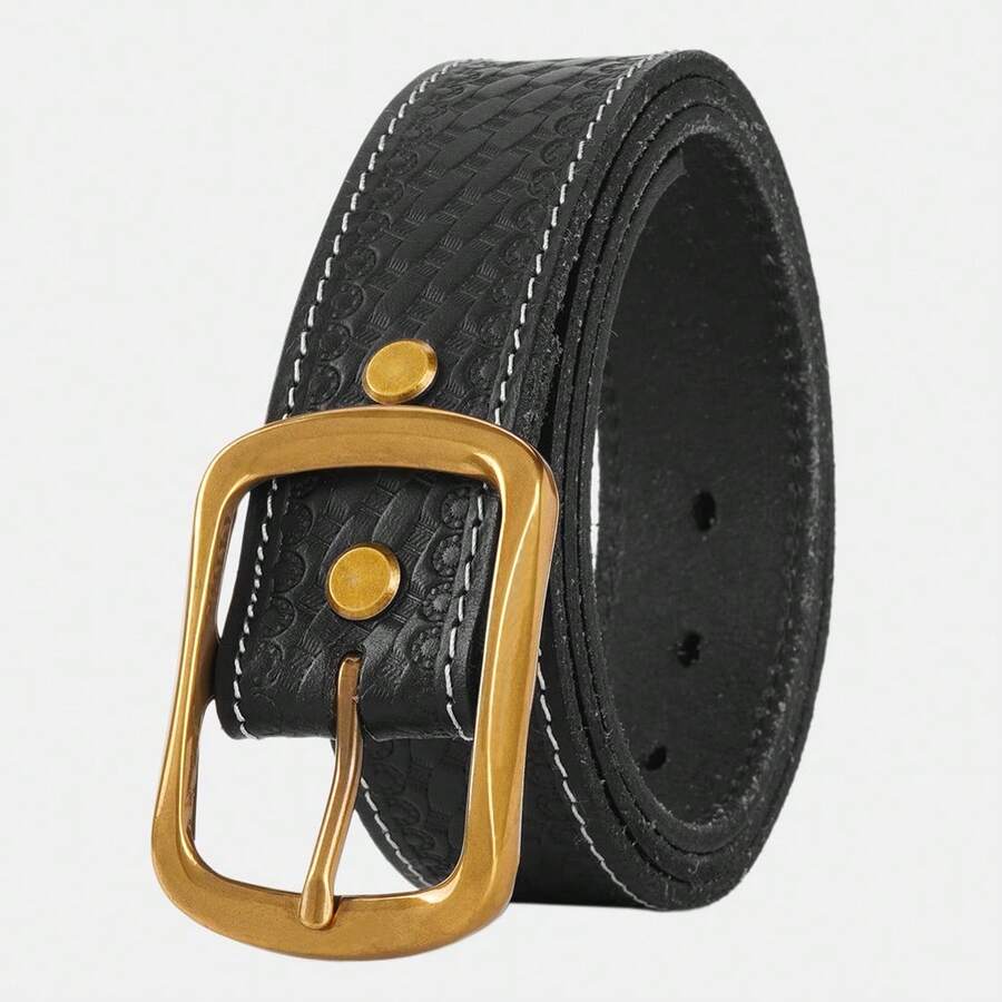1pc Men's Full Grain Leather Belt With Soft-Edged Rectangular Frame Buckle And Intricate Braided-Texture Embossed Strap Surface - SC048 - View 1