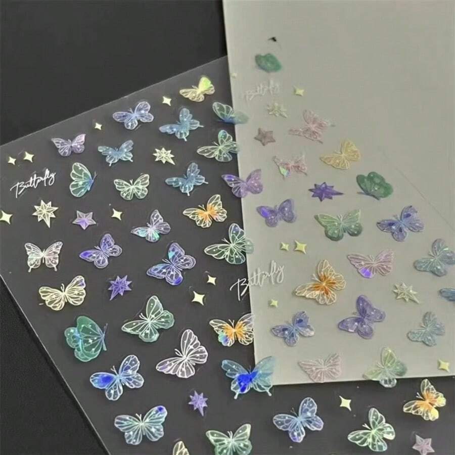 50pcs Colorful Holographic Butterfly Nail Stickers, Fresh Iridescent Star Small Pattern, Self-Adhesive DIY Nail Art Decoration Stickers, Handmade Scrapbook Decorative Stickers - A - View 1