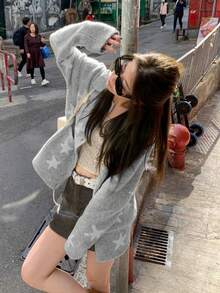 Women's Loose Star Pattern Cardigan Knit Sweater, Autumn/Winter - Grey - View 9