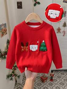 Sweater Leher Bulat Bordir Santa Claus Natal untuk Anak Laki-laki, Lengan Panjang, Cocok untuk Musim Gugur & Musim Dingin - Merah - View 3
