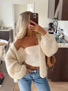 GLAMMY Minimalist Slouchy Chunky Knit Hollow Out Spring/Autumn French Relaxed V-Neck Lantern Sleeve Chunky Knit Hollow Out Design Daily Street Commute Versatile Slouchy Outerwear Solid Color Ribbed Home - Beige - View 3