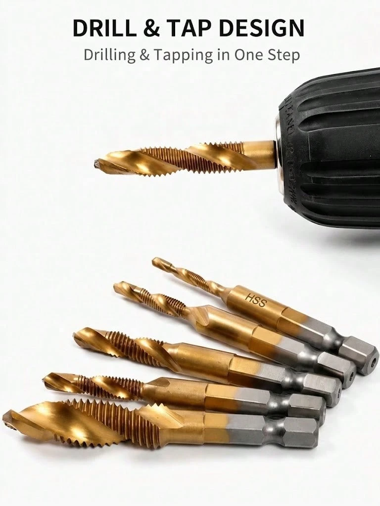 公制組合式攻牙鑽頭套組 (M3-M10)，1/4" 六角柄 HSS 螺紋鑽頭，適用於鋁材、薄金屬片、木材和塑料