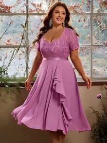 Plus Size Women's Elegant Romantic Flowy Chiffon Bridesmaid Dress, Suitable For Wedding Guests, Bridesmaids, Cocktail Parties, Graduation Ceremonies, Easter, Spring/Summer Wear - Lilac Purple - View 12