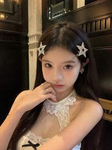 2件組女款甜美閃亮水鑽五角星髮夾，側瀏海夾，時尚Ins風鱷魚夾，適合日常休閒與正式場合、校園、約會、派對造型 - 彩色 - 查看 9