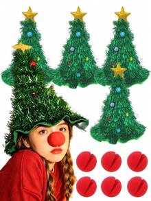10pcs Creative Christmas Tree Hat & Red Nose Set, Gold Sequin Christmas Tree Hat Set (Includes Christmas Hat And Clown Nose), Suitable For Christmas Decoration, Holiday Costume, Tree Topper Hat, Party Decor, Christmas Gift, Christmas Stocking Filler, Photo Props - Multiple Styles - View 4