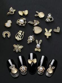 Autumn New Arrival 30PCS Gold Alloy Nail Charms, Mixed 3D Bow Heart Pearl Rabbit Flower Rhinestone Nail Art Decorations, Luxury Metal Nail Studs For DIY Manicure - Multicolor - View 13