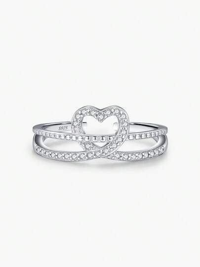 MODIAN Anillo de Plata de Ley 925 con Doble Banda Entrelazada en Forma de Corazón para Mujeres, Anillos Abiertos Ajustables Huecos, Joyería Delicada