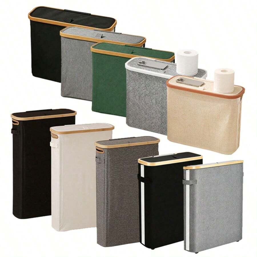 1pc/2pcs Slim Bamboo Lid Laundry Basket, Foldable Fabric Storage Box Suitable For Bathroom, Narrow Space Storage Of Toilet Paper And Clothes, 8-Piece Set Available