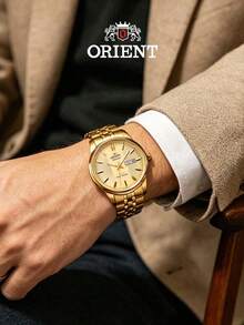 Orient Samsung Men's Automatic Mechanical Watch, Champagne Gold Dial, Full Gold PVD Steel Bracelet, Day & Date Display SAB0B007CB - Gold - View 1