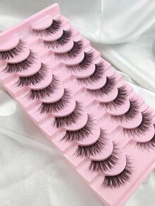 Hinarin 10 Pairs Clear Band False Eyelashes Natural Lashes Wispy Strip Lashes 3D Layered Effect Soft And Fluffy Cross-Over Makeup Effect Natural And Refined Lengthening The Outer Corner Of The Eye Suitable For Various Makeup Effects - Black - View 3