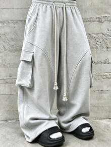 HEYKESON Men's Cargo Wide Leg Sweatpants With Large Side Pockets, Chunky Cable Knit Tassel Drawstring Elastic Waist Loose Casual Long Pants - Light Grey - View 1