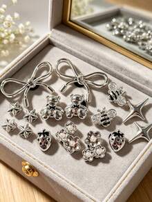 16pcs Silver Rhinestone Butterfly, Bear, Flower, Star Shoe Charms, DIY Sandals Beach Bag Accessories Gift - Silver - View 1