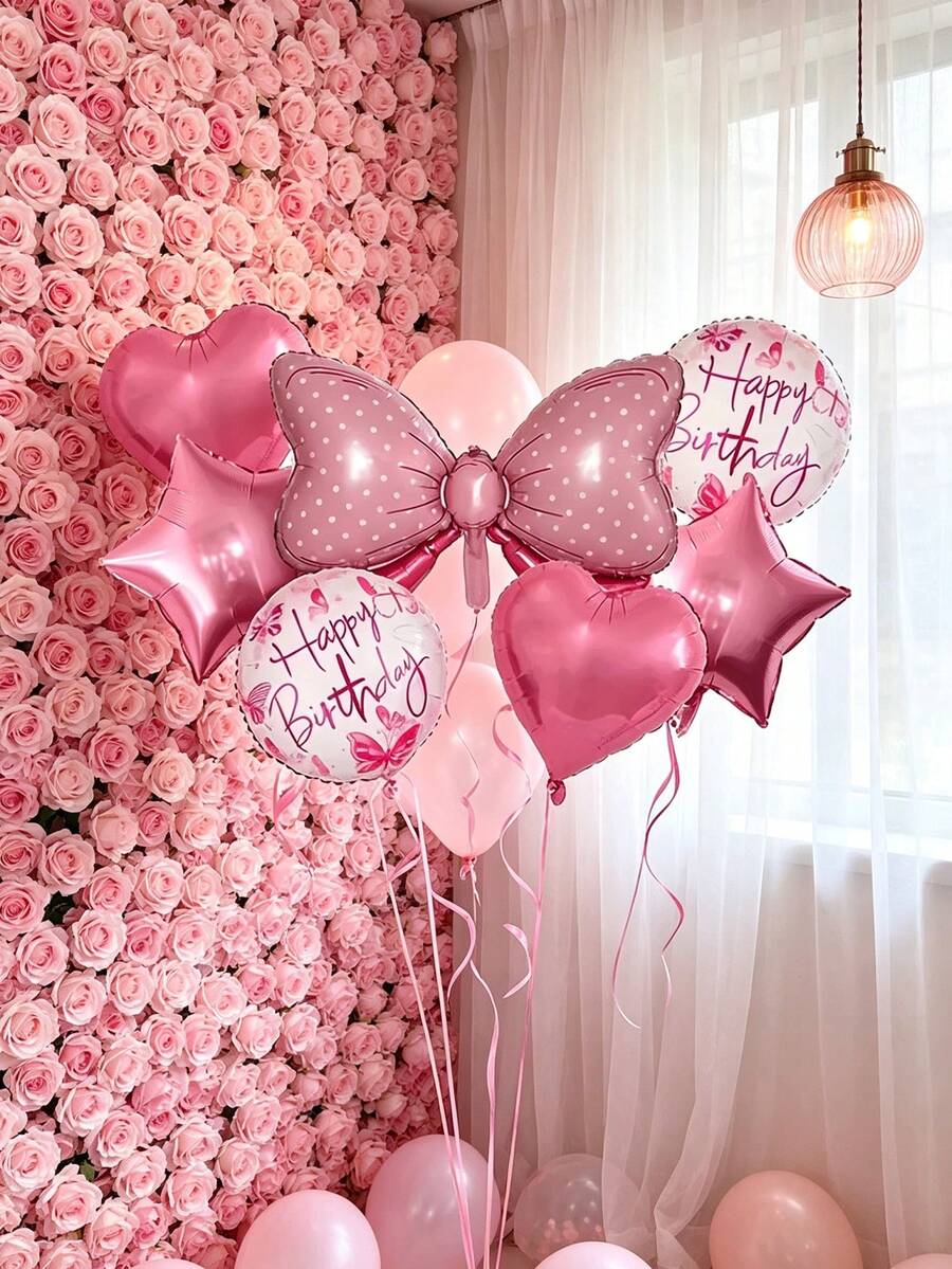 14/7pcs Pink Bow Theme Birthday Foil Balloon Set, Birthday Party Background Decoration Balloons, Suitable For Christmas, Halloween - Multicolor - View 1