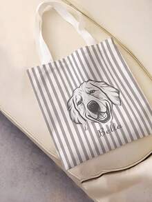 1Pc Custom Pet Photo Multi-Stripe Canvas Reusable Tote Bag, Large Lightweight Stylish Carryall For School Party Daily Shopping,Perfect Gift - Multicolor - View 5