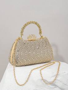 1pc Gold Glitter Double-Sided Rhinestone Decor Handbag, Elegant Clutch Bag With Metal Chain Strap, Suitable For Evening Party, Wedding, Gala, Gift For Women - Gold - View 1