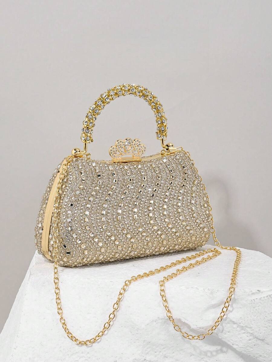 1pc Gold Glitter Double-Sided Rhinestone Decor Handbag, Elegant Clutch Bag With Metal Chain Strap, Suitable For Evening Party, Wedding, Gala, Gift For Women - Gold - View 1