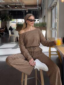 Women's Autumn/Winter Casual Commute Style Brown Striped Loose 2 Pieces Set, Outdoor, Sports, Back To School - Brown - View 3