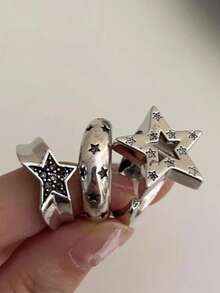 3pcs/Set Vintage Punk Hollow Irregular Star Couple Rings For Women Men Fashion Shiny Crystal Pentagram Adjustable Ring Lover Jewelry - Multicolor - View 1