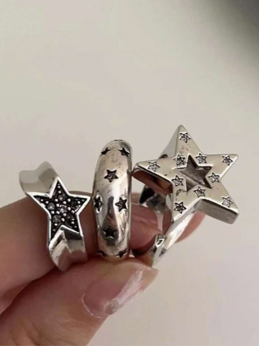 3pcs/Set Vintage Punk Hollow Irregular Star Couple Rings For Women Men Fashion Shiny Crystal Pentagram Adjustable Ring Lover Jewelry - Multicolor - View 1
