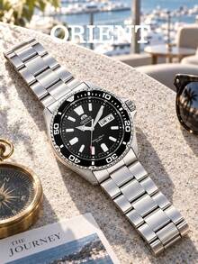Men's ORIENT Automatic Dive Watch, Brushed Stainless Steel Bracelet, Black Dial, Rotating Bezel, 200m Water Resistant, Date And Day Display, Sports Watch - Black - View 6
